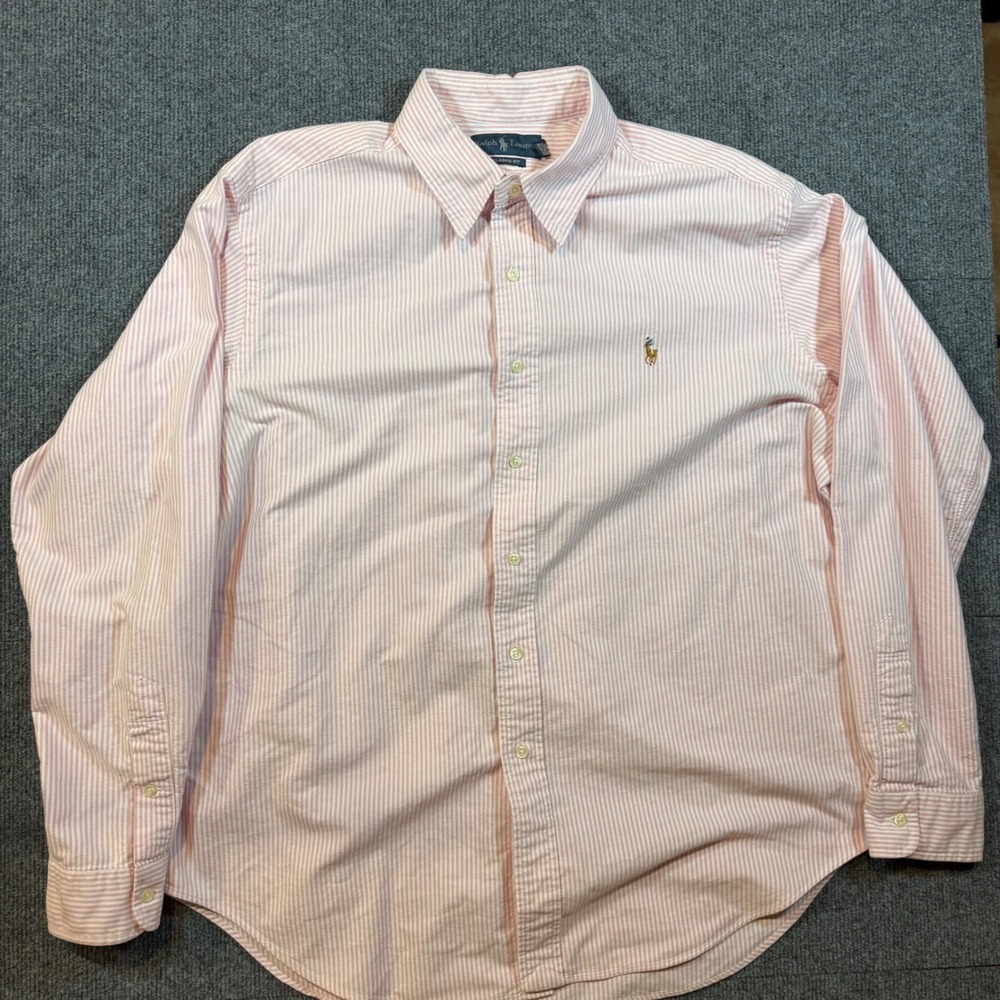 Ralph Lauren Classic Fit Oxford Shirt XL Pink White Stripe Cotton Long Sleeve